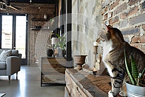 Domestic cat at cozy contemporary apartment living room interior vintage style.