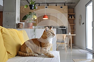 Domestic cat at cozy contemporary apartment living room interior vintage style.