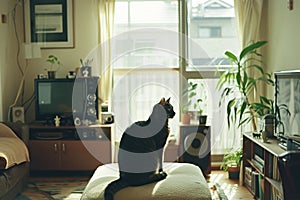 Domestic cat at cozy contemporary apartment living room interior vintage style.