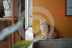 Domestic cat at cozy contemporary apartment living room interior vintage style.