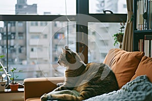 Domestic cat at cozy contemporary apartment living room interior vintage style.