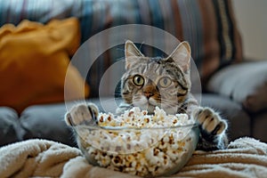A domestic cat curiously pawing at a bowl of popcorn, with a cozy living room in the background, blending pet life with human