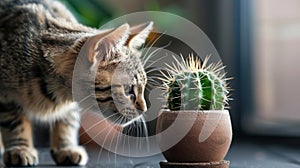 Domestic cat with a focused gaze stands near a cactus in an earthen pot, embodying curiosity and caution.