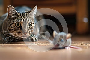 Domestic cat hunting to mouse at home, portrait of young kitty before pounce, face of happy pet playing with food in house.