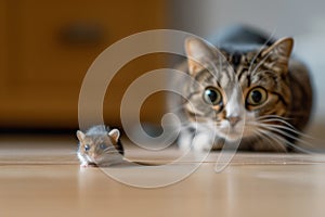 Domestic cat hunting to mouse at home, young kitty face before pounce, happy pet playing with food in house. Concept of attack,