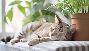 Domestic cat pet sleeping on the gray bed with many green house plants