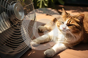 Domestic cat seeks respite from a heatwave in front of ventilator.