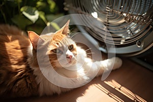 Domestic cat seeks respite from a heatwave in front of ventilator.