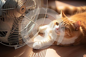 Domestic cat seeks respite from a heatwave in front of ventilator.