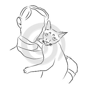 Domestic cat sits in arms of its owner. Showing love and caresses to pet. Animal care, welfare and protection concept
