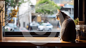 Domestic Cat Waiting by Window. A contemplative domestic cat sits by a window, gazing outside, seemingly waiting for its