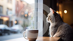 Domestic Cat Waiting by Window. A contemplative domestic cat sits by a window, gazing outside, seemingly waiting for its