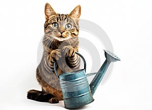 Domestic cat with watering can isolated on white background