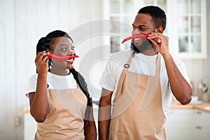 Domestic Chefs. Cheerful Black Spouses Having Fun Together In Kitchen While Cooking