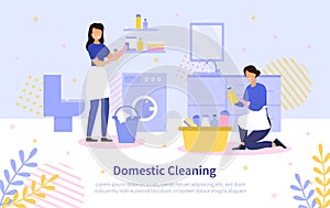 Domestic cleaning concept with two housewives