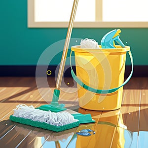 Domestic cleanliness Household service scene with mop, bucket, and cleaner