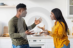 Domestic Conflicts. Young Black Spouses Arguing In Kitchen, Suffering Relationship Problems