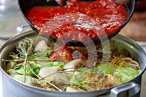 domestic cooking stuffed pepper and cabbage rolls. selective focus. ukrainian and russian traditional food