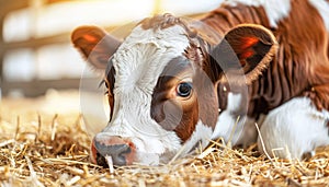 Domestic cows eating hay in barn on rural dairy farm agricultural livestock feeding scene