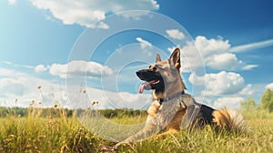 Domestic dog enjoying nature on grass and cloudy blue. Generative AI