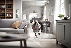 Domestic dog peeps towards you in a cozy modern apartment. AI Generated