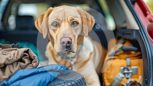 Domestic dog sitting in the car trunk. Family vacation.