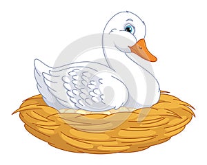Domestic Duck Sitting in Nest with Eggs Cartoon Vector Illustration