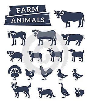 Domestic farm animals flat silhouettes vector icons