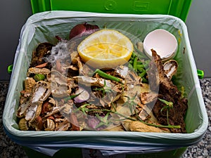 Domestic food waste container full leftovers vegetables in a plastic bag close up shot in the kitchen