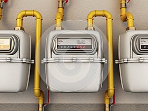 Domestic gas meters in a row. 3D illustration