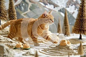 Domestic Ginger Cat Exploring Miniature Mountainous Landscape with Model Trees
