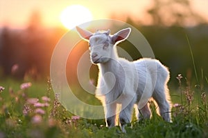 Domestic grass goat rural animals farming landscape sun cute green sunset