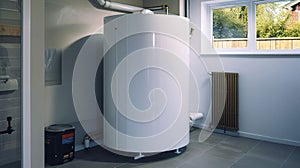 Domestic Heat Pump in a Modern Home Utility Room. Generative ai