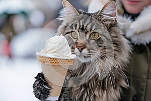 Domestic Maine Coon Cat Holding Vanilla Ice Cream Cone in Winter Setting with Human Companion