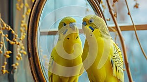 Domestic parrot in a cage looks at its reflection in the mirror