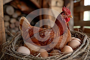 A domestic red hen perched on top of a nest filled with eggs in a chicken coop