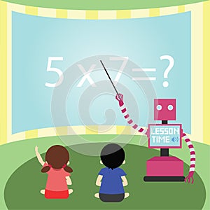 Domestic Robot teaching maths to little girl and boy.