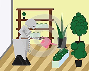 Domestic robot watering plants at home garden.