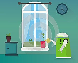 Domestic robot watering plants at window.