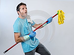 Domestic service man or happy husband cleaning home playing with