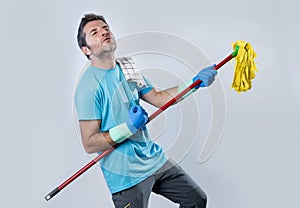 Domestic service man or happy husband cleaning home playing with