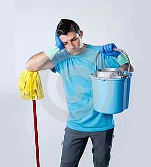 domestic service man or stressed husband housework washing holdi
