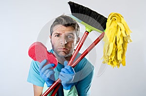 Domestic service man or stressed husband housework washing with sponge mop and broom