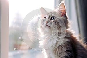 In a domestic setting, a close up feline portrait highlights a cute and fluffy pet cat