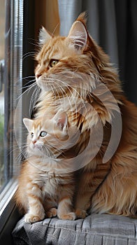 Domestic shorthaired cat and kitten gaze out window, showcasing Felidae traits