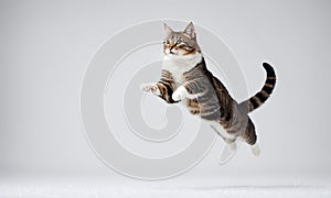 Domestic shorthaired cat leaping in air on a white background