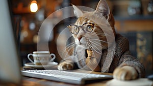 A domestic shorthaired cat is using a laptop computer while seated at a desk