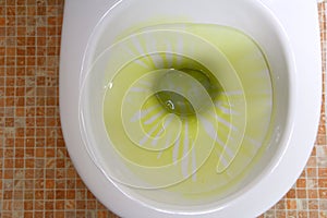 Domestic toilet or lavatory bowl with freshly dispensed bleach cleaner