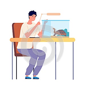 Domestic turtle. Aquarium for reptiles, guy playing with pet. Veterinarian caring for wild animal vector illustration