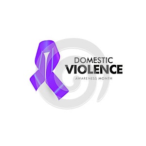 Domestic violence and aggression poster. Home abused victim support banner. Isolated purple ribbon against home abuse